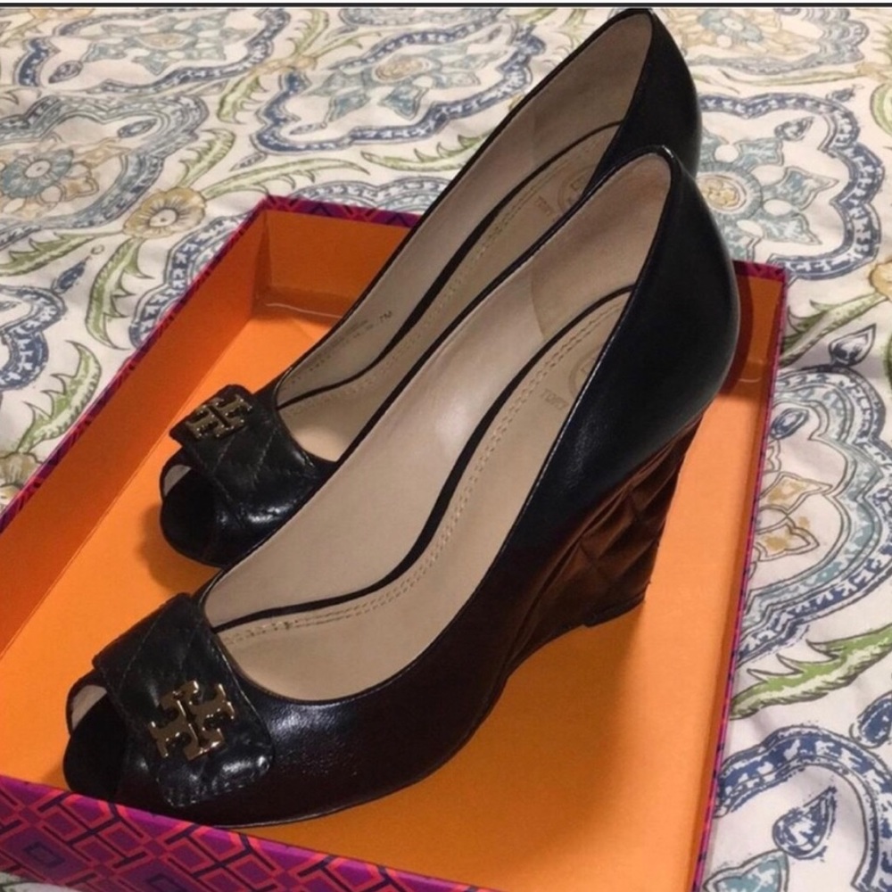 Tory Birch Leila Quilted Peep Toe Wedge